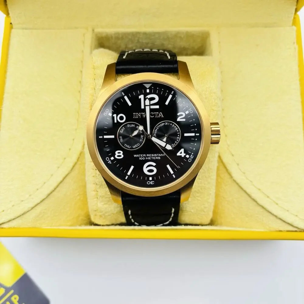 Invicta Chronograph #10491 Watch with Black Leather Band In Box. With Paperwork